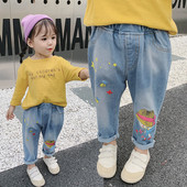 Blugi de copii actuali pentru fete cu talie inalta si aplicatie colorata