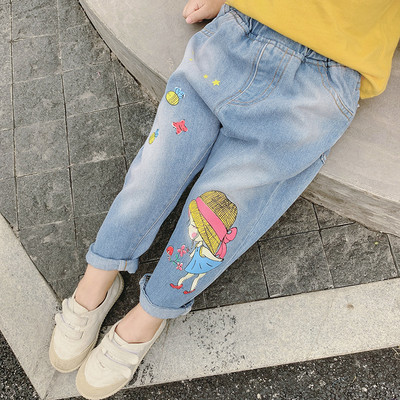 Blugi de copii actuali pentru fete cu talie inalta si aplicatie colorata