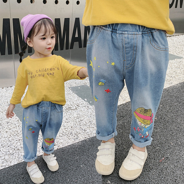 Blugi de copii actuali pentru fete cu talie inalta si aplicatie colorata