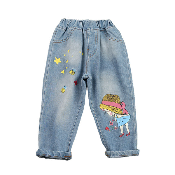 Blugi de copii actuali pentru fete cu talie inalta si aplicatie colorata