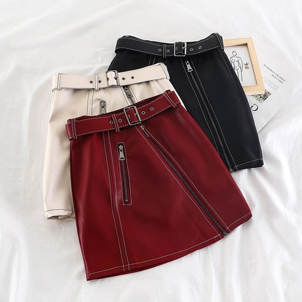 Fusta de dama moderna cu fermoare si curea in trei culori