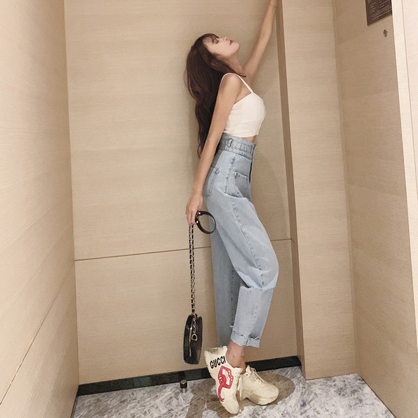 Blugi casual dama - model larg cu talie inalta