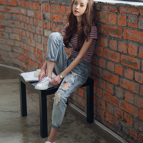 Blugi casual de dama cu motive rupte in albastru