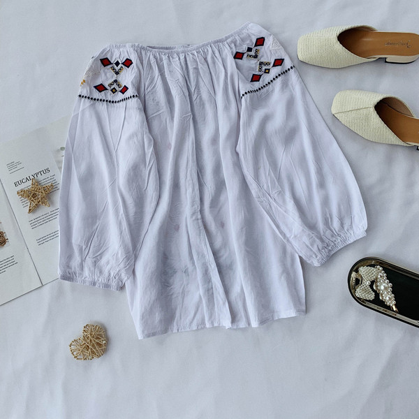 Bluză de damă modernă cu cravate și broderie în alb și albastru