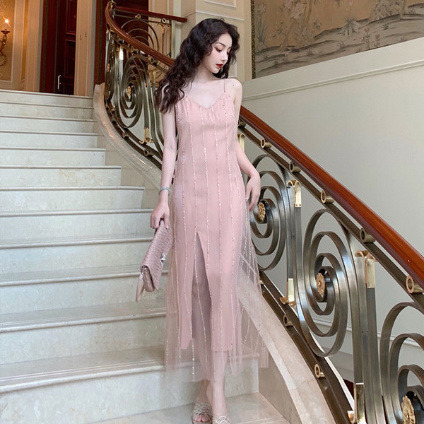 Rochie lungă de damă actuală cu decolteu în V cu bretele subțiri