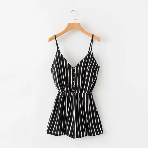 Salopeta dama in dungi cu bretele subtiri - model scurt