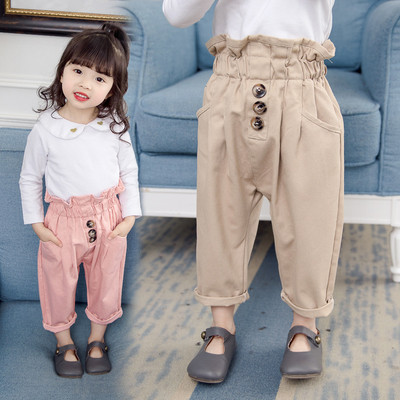 Модерен детски панталон за момичета с висока талия и копчета в розов и кафяв цвят
