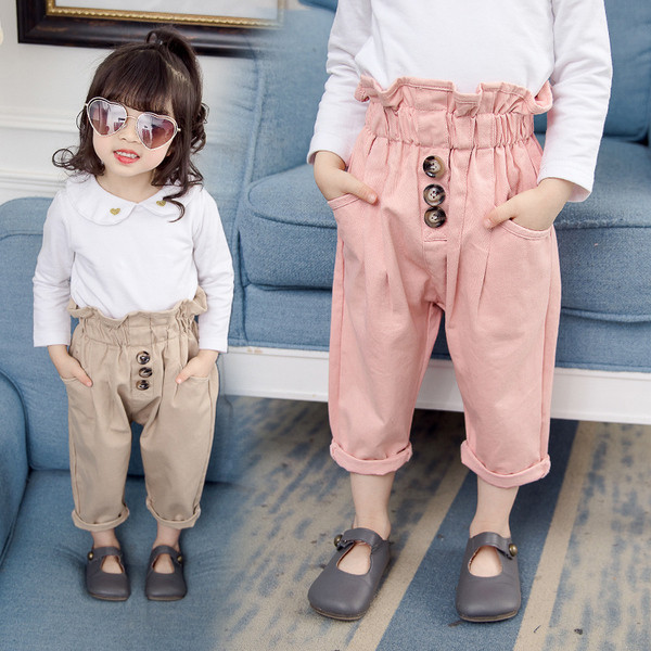 Pantaloni moderni pentru copii pentru fete cu talie inalta si nasturi in roz si maro