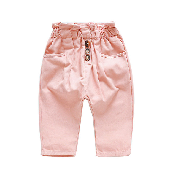 Pantaloni moderni pentru copii pentru fete cu talie inalta si nasturi in roz si maro
