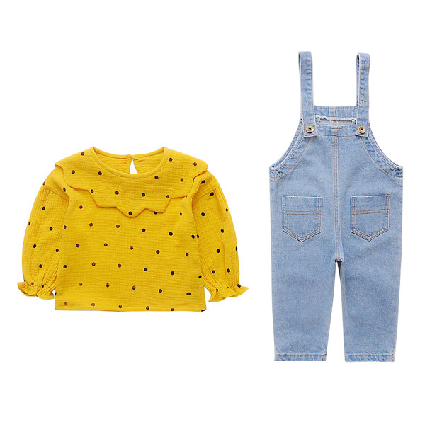 Set pentru copii pentru fete care include o cămașă galbenă și salopetă din denim