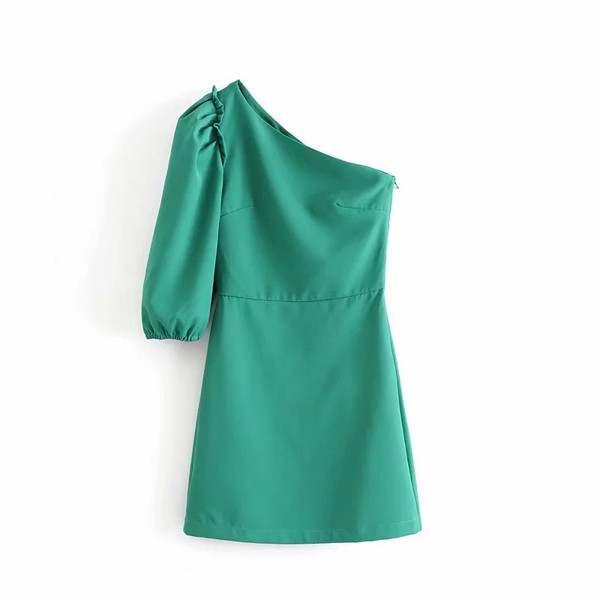 Rochie de dama cu o maneca de culoare verde