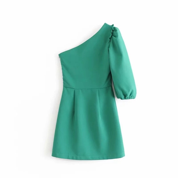 Rochie de dama cu o maneca de culoare verde