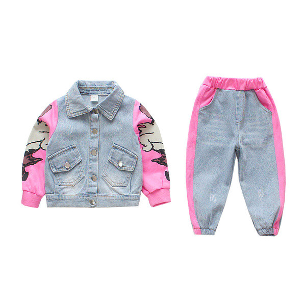 Set copii pentru fete care include o jacheta din blugi si blugi in doua culori