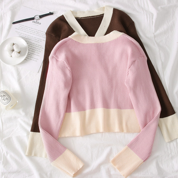 Pulover de damă elegant, model nou, cu decolteu în V, în roz și maro