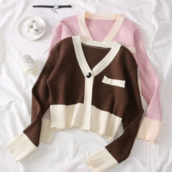 Pulover de damă elegant, model nou, cu decolteu în V, în roz și maro