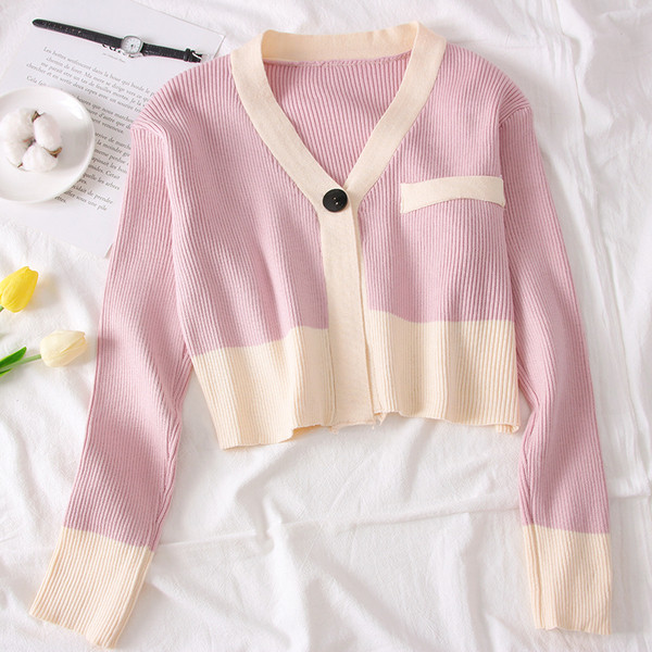 Pulover de damă elegant, model nou, cu decolteu în V, în roz și maro