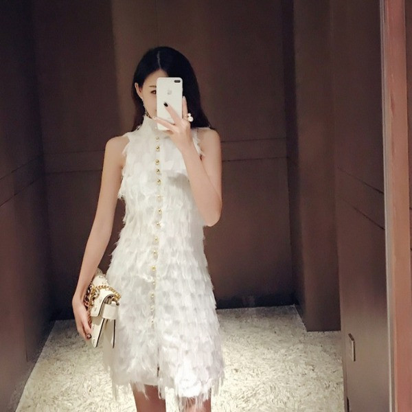 Rochie eleganta de dama in doua culori cu guler inalt