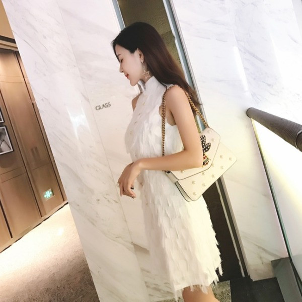 Rochie eleganta de dama in doua culori cu guler inalt