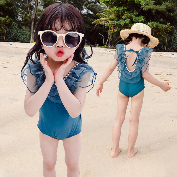 Costum de baie elegant pentru copii cu perle si tul in albastru