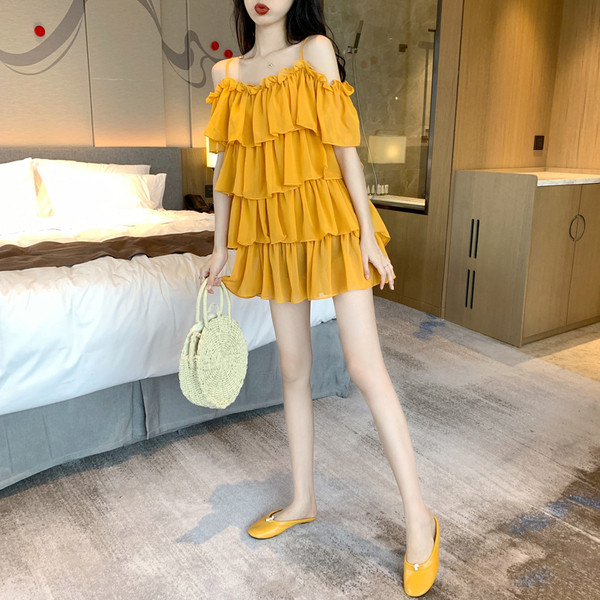 Rochie casual de dama in doua culori - portocaliu si alb