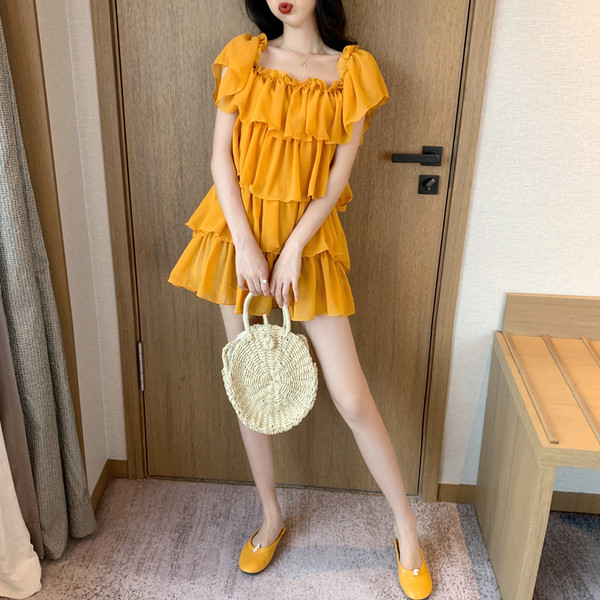 Rochie casual de dama in doua culori - portocaliu si alb