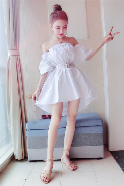 Rochie casual de dama alb cu maneci cazute