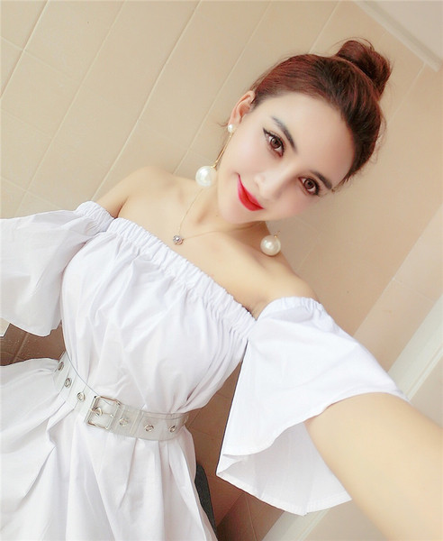 Rochie casual de dama alb cu maneci cazute