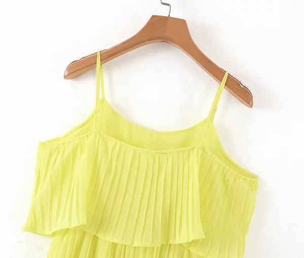 Rochie elegantă de damă, cu bretele subțiri, în verde și galben