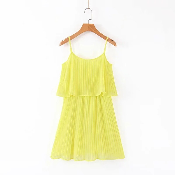 Rochie elegantă de damă, cu bretele subțiri, în verde și galben