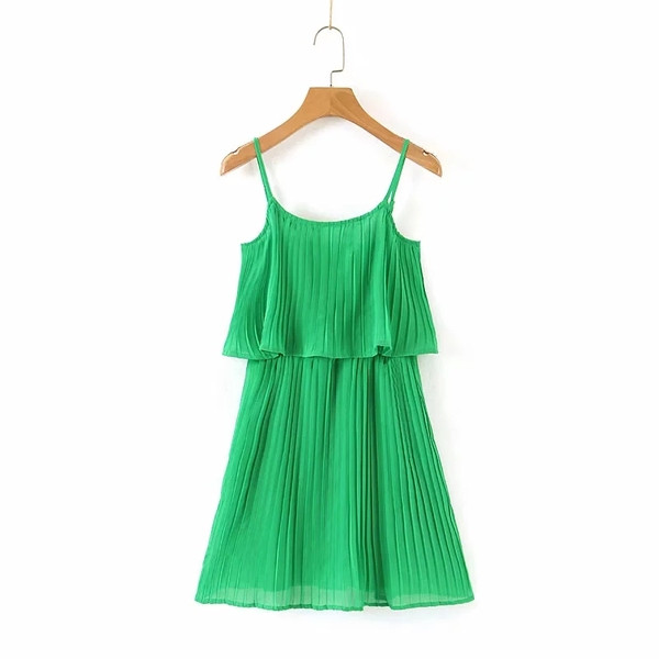 Rochie elegantă de damă, cu bretele subțiri, în verde și galben