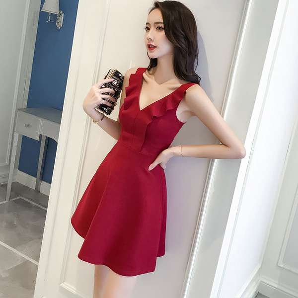 Rochie elegantă de damă, cu decolteu în V, în negru și roșu