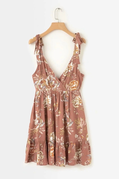 Rochie de dama cu decolteu in V si model floral in galben si maro