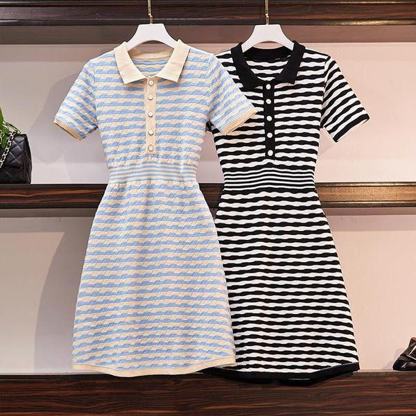 Rochie de dama in dungi cu maneca scurta in doua culori