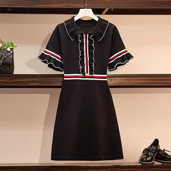 Rochie moderna de dama cu guler si maneci scurte in albastru si negru