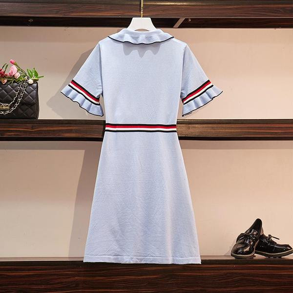 Rochie moderna de dama cu guler si maneci scurte in albastru si negru