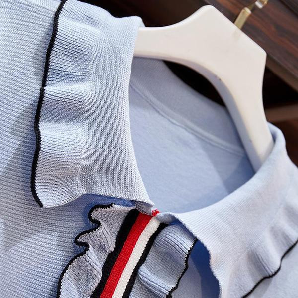 Rochie moderna de dama cu guler si maneci scurte in albastru si negru