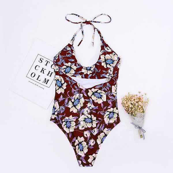 Costum de baie complet cu model floral și bretele