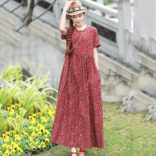 Rochie lunga de dama cu maneci scurte si model floral in rosu si albastru