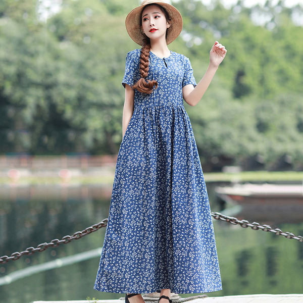 Rochie lunga de dama cu maneci scurte si model floral in rosu si albastru