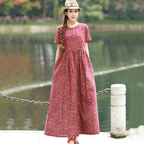 Rochie lunga de dama cu maneci scurte si model floral in rosu si albastru