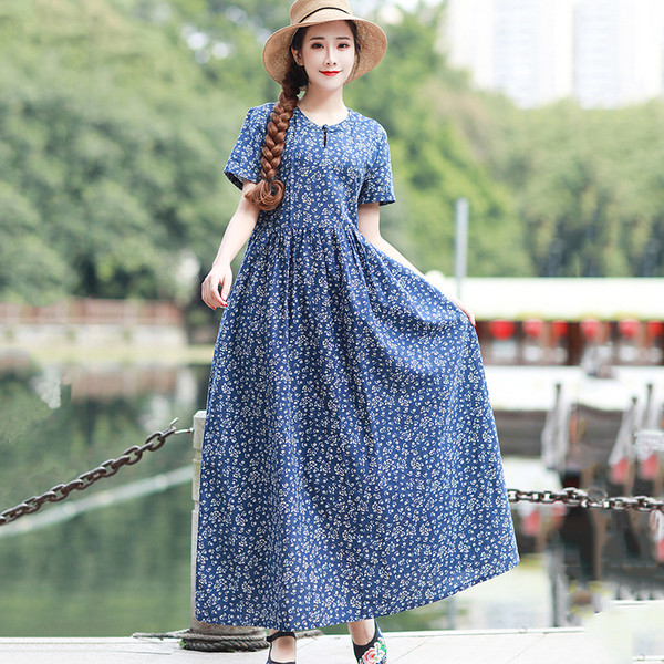 Rochie lunga de dama cu maneci scurte si model floral in rosu si albastru