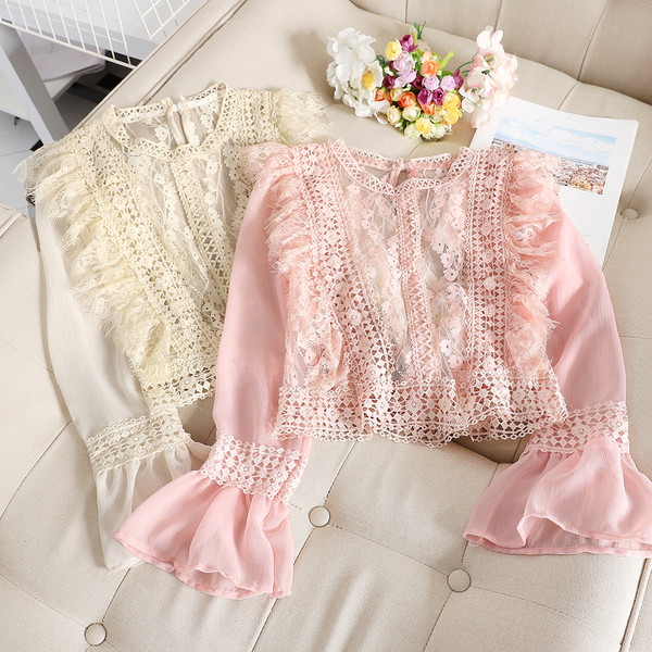 Cămașă de damă elegantă cu dantelă și mâneci lungi în mai multe culori