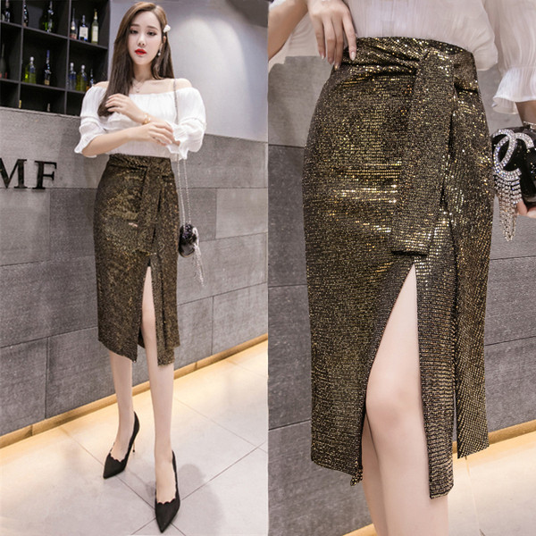 Fustă lungă de damă modernă, cu fante în două culori