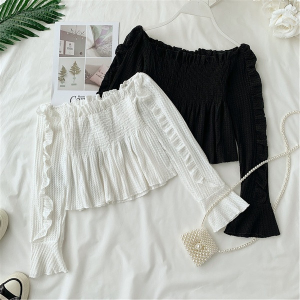 Bluză de damă elegantă cu umerii goi, în alb și negru