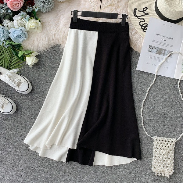 Fusta de dama in trei culori si talie inalta