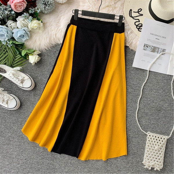 Fusta de dama in trei culori si talie inalta