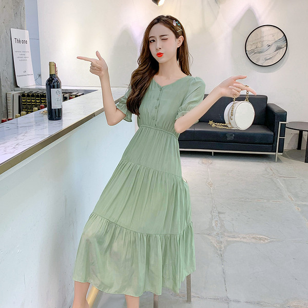 Rochie lungă casual de damă în verde și portocaliu