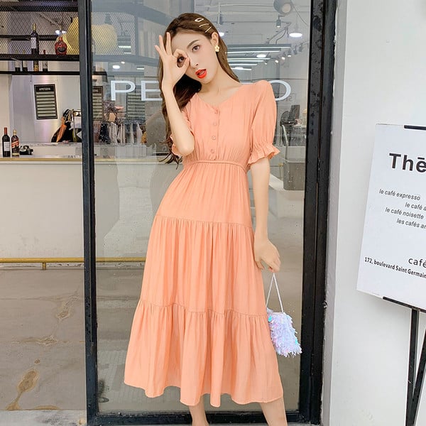 Rochie lungă casual de damă în verde și portocaliu