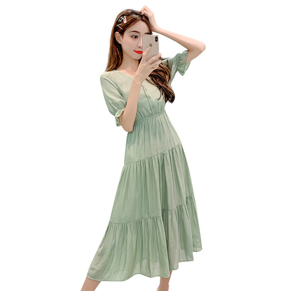 Rochie lungă casual de damă în verde și portocaliu