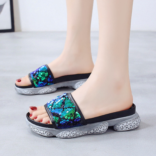 Papuci moderni de dama cu paiete in verde si gri